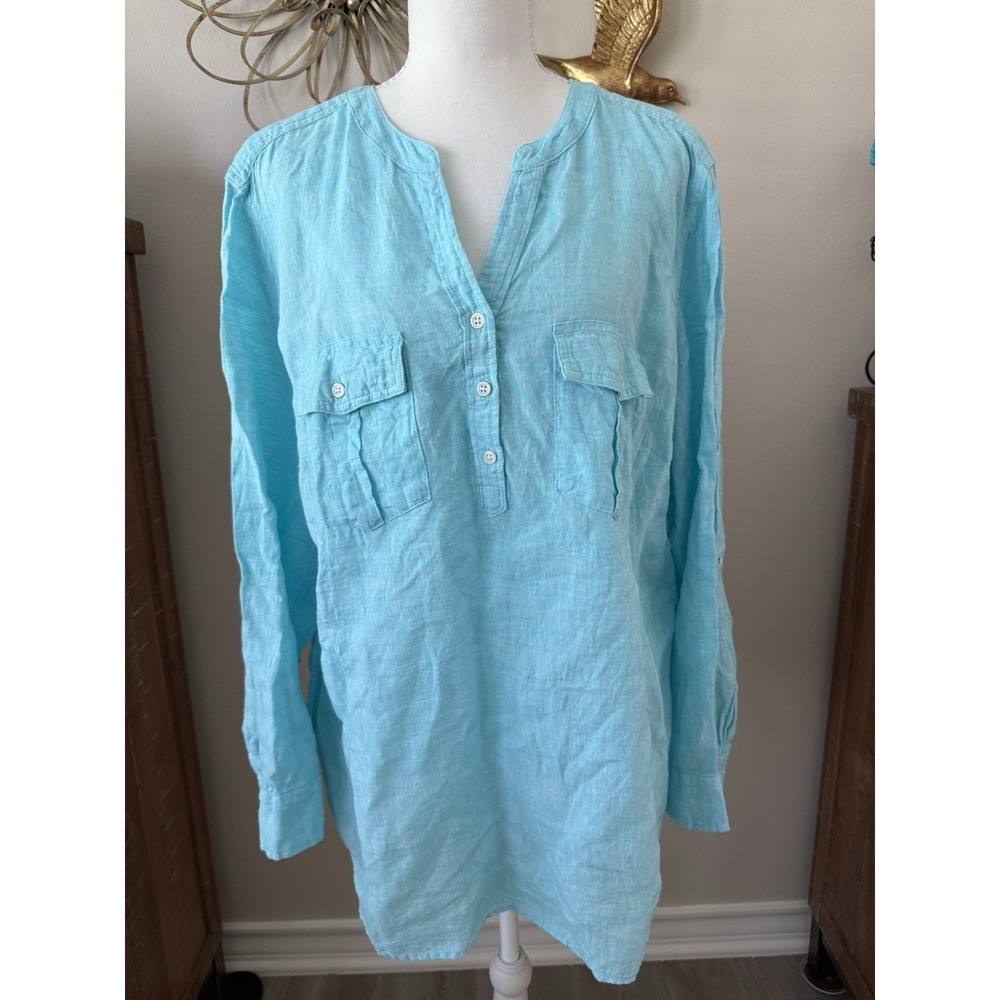 Talbots Plus Aqua Linen Tunic Top 1X 18W Popover‎ Shirt Coastal Beach